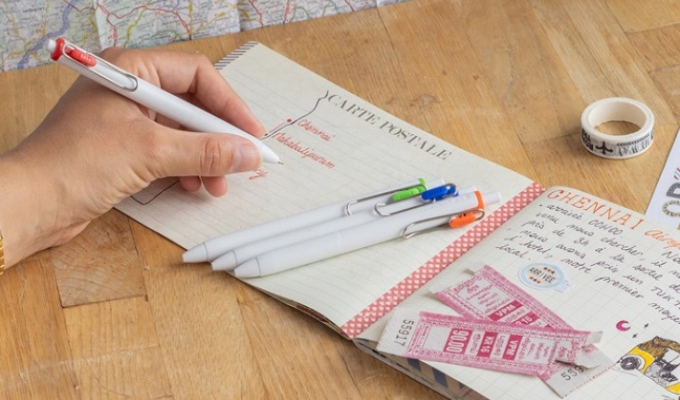 Create your very own travel diary using the Uni-ball ONE gel roller ball pens